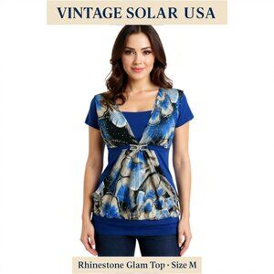 VINTAGE 80s 90s SOLAR USA Rhinestone Embellished Blue Print Top M Made in USA